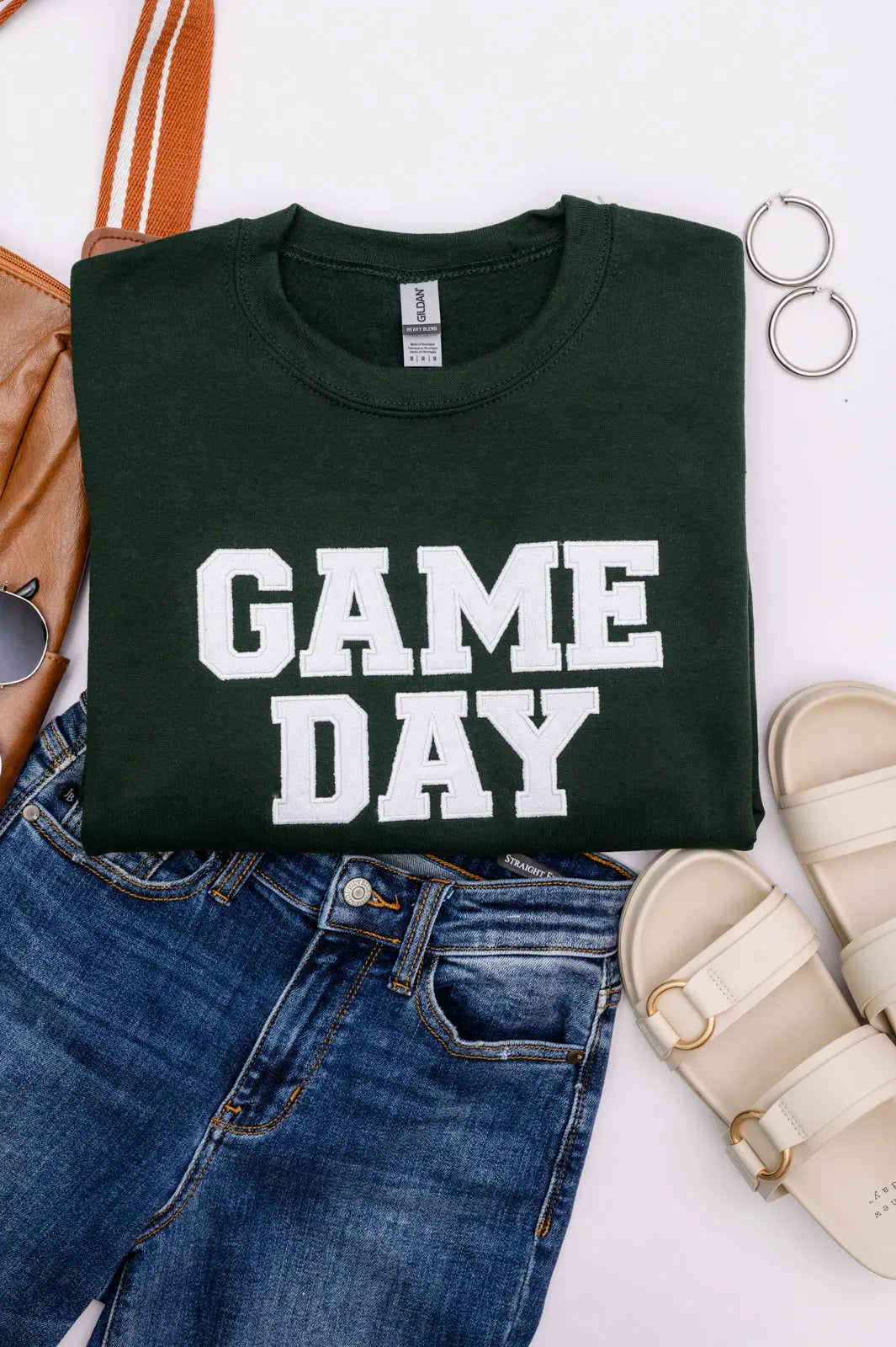 PREORDER: Embroidered Glitter Game Day Sweatshirt in Forest Green/White Ave Shops