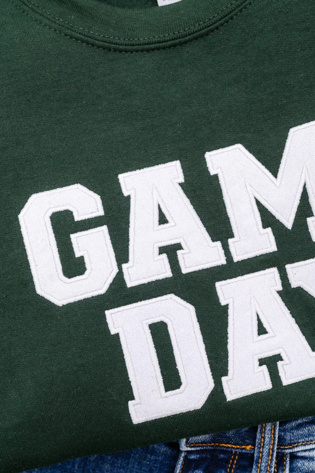 PREORDER: Embroidered Glitter Game Day Sweatshirt in Forest Green/White Ave Shops