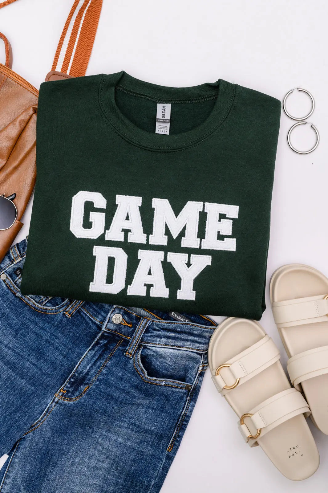 PREORDER: Embroidered Glitter Game Day Sweatshirt in Forest Green/White Ave Shops