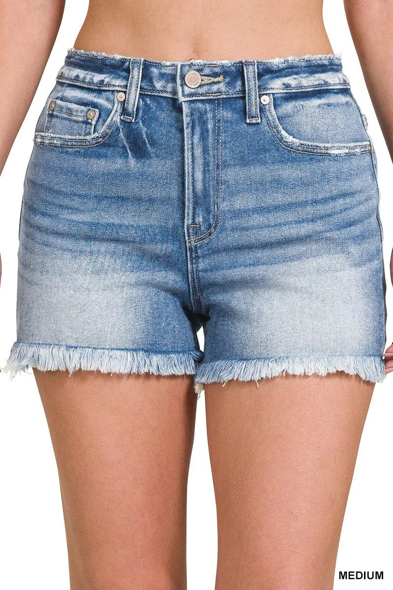 Zenana Mid Rise Raw Hem Denim Shorts The Magnolia Cottage Boutique