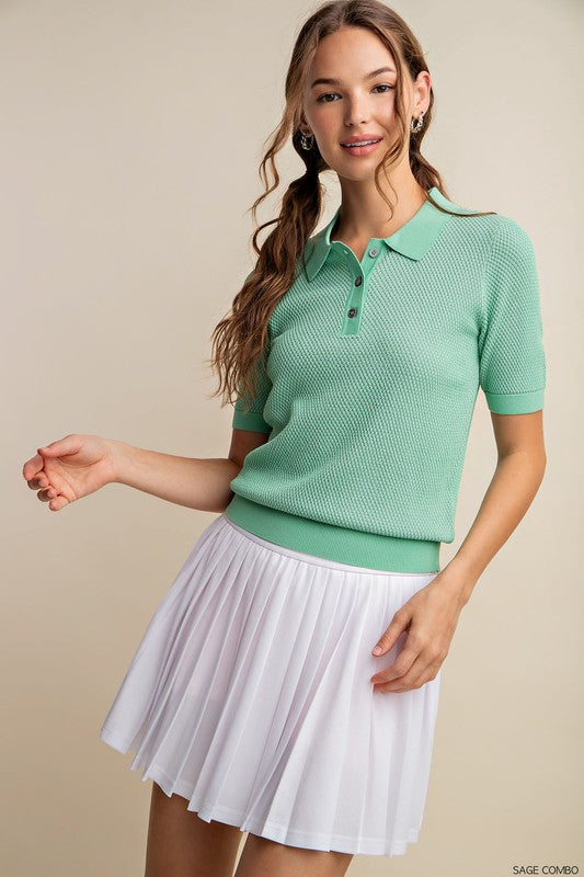 Soft Thermal Texture Two Colors Thread Polo Shirt Sweater in Sage Ave Shops