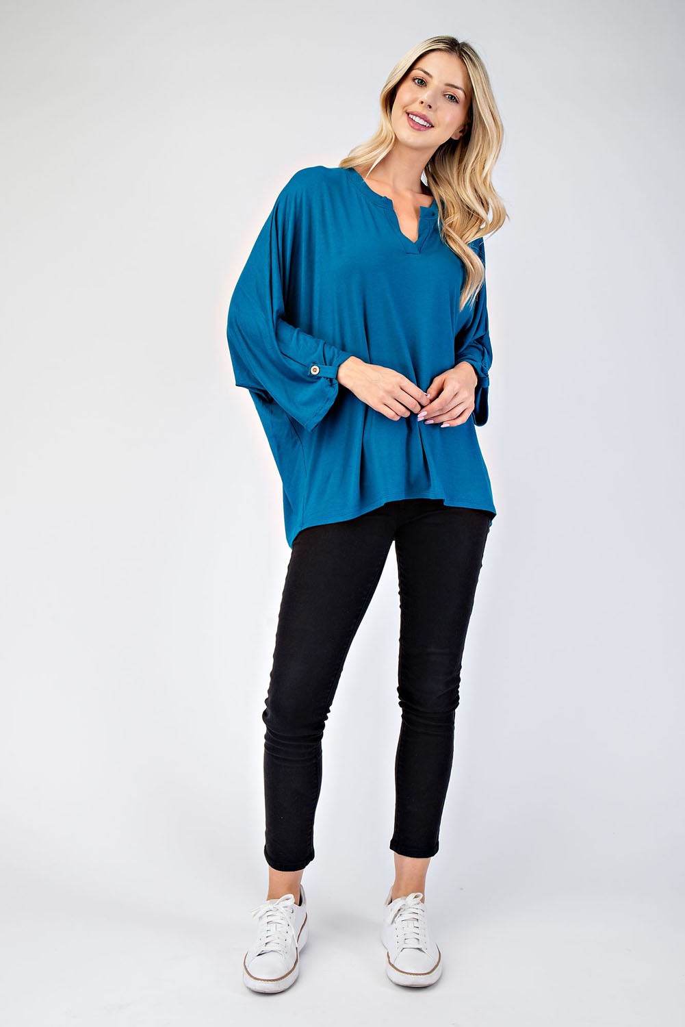 Celeste Full Size Notched Three-Quarter Sleeve Blouse Trendsi