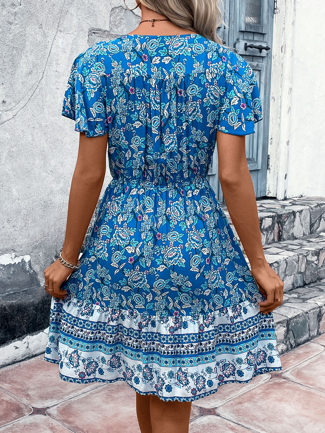 Printed V-Neck Flutter Sleeve Mini Dress Trendsi