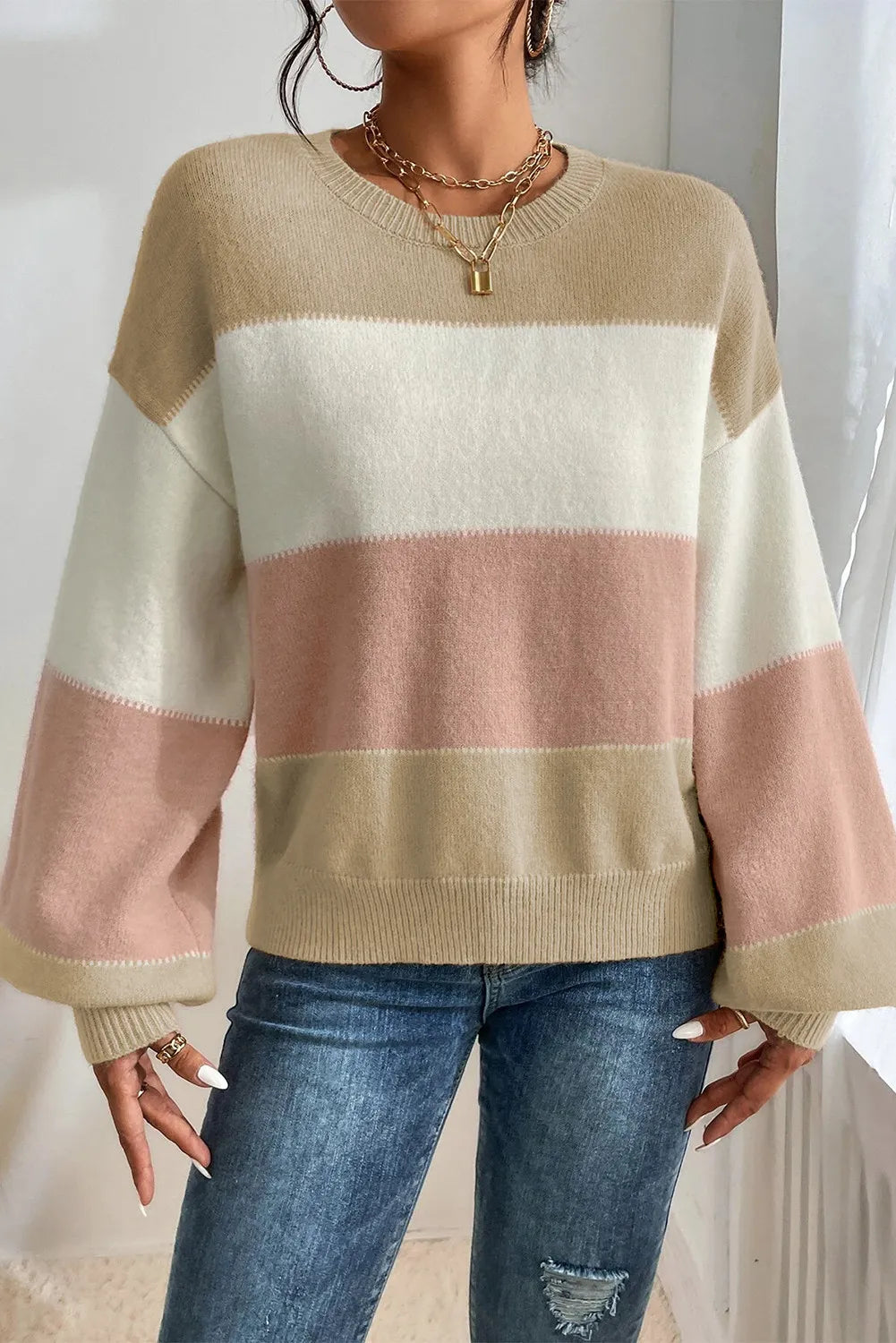 Color Block Round Neck Lantern Sleeve Sweater Trendsi