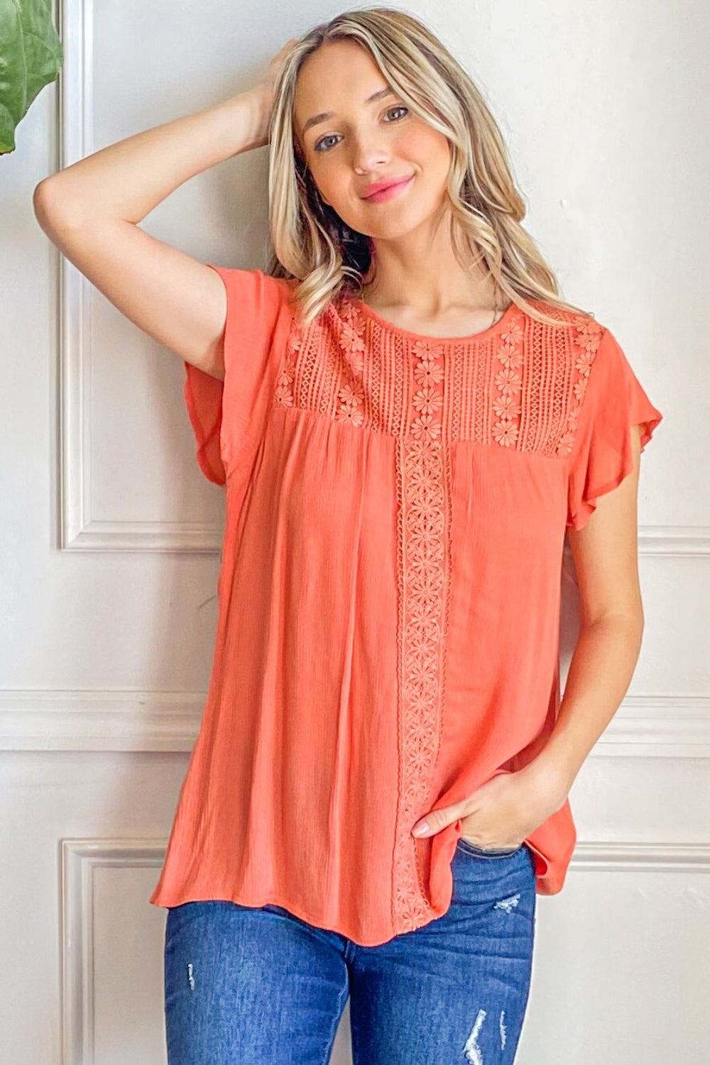 And The Why Lace Detail Ruffle Short Sleeve Blouse Trendsi