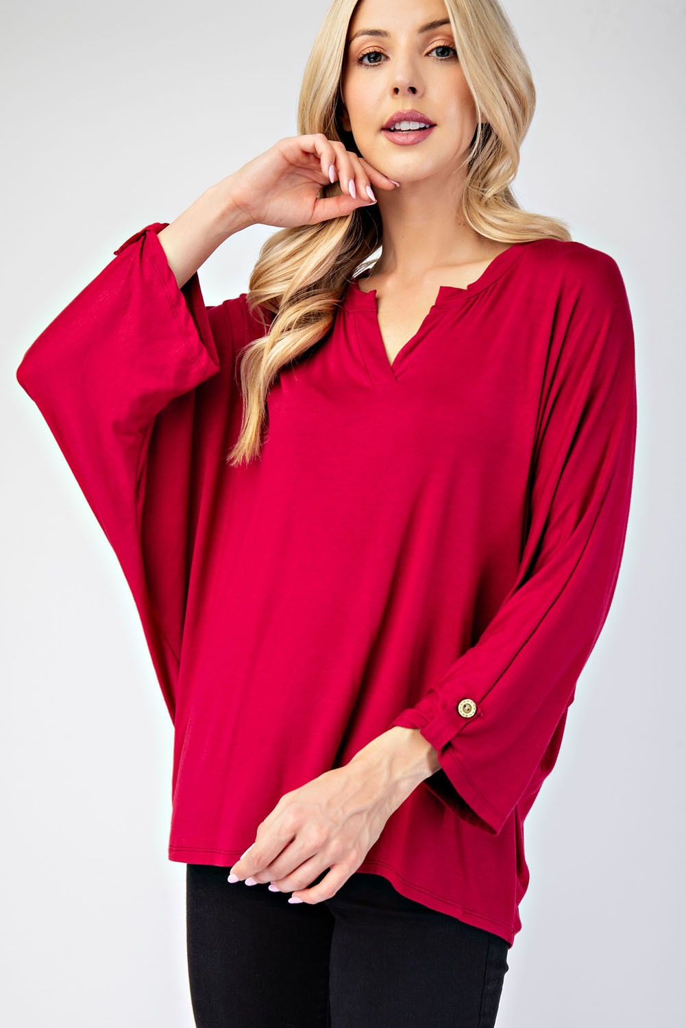 Celeste Full Size Notched Three-Quarter Sleeve Blouse Trendsi