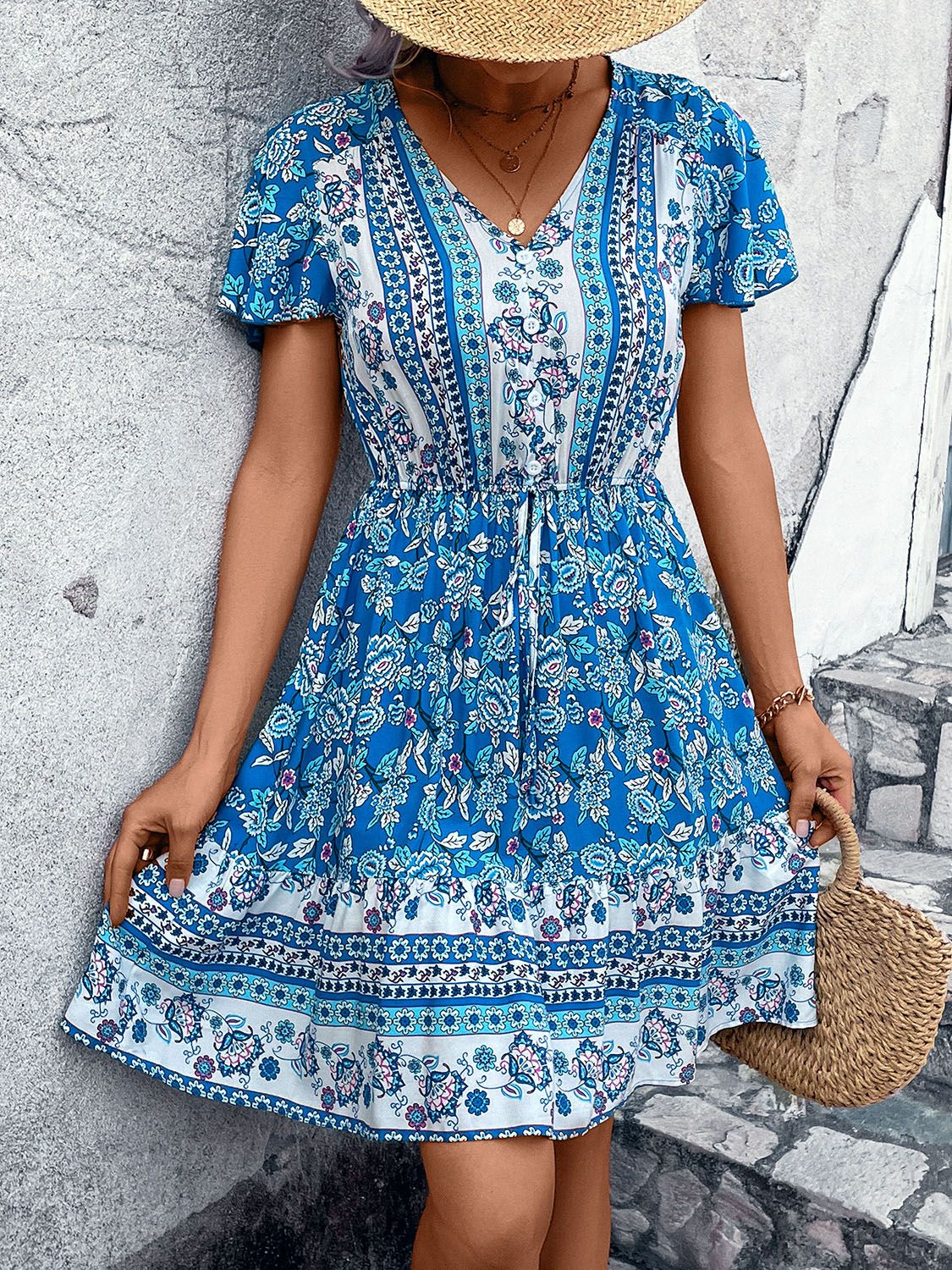 Printed V-Neck Flutter Sleeve Mini Dress Trendsi