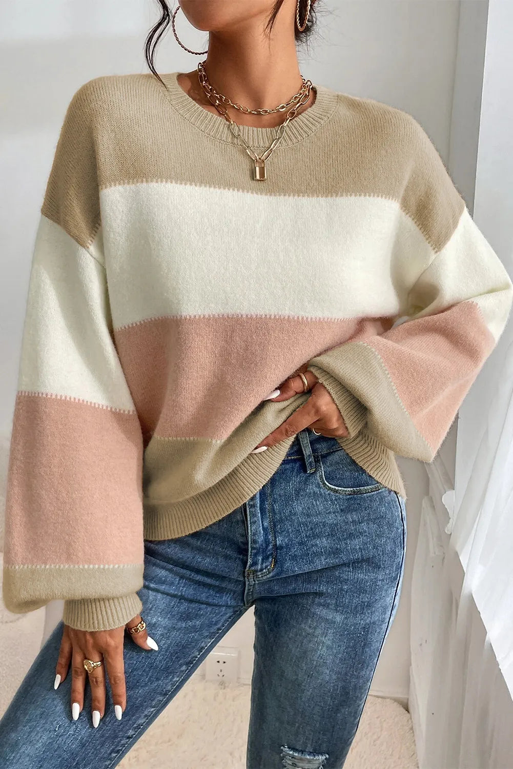 Color Block Round Neck Lantern Sleeve Sweater Trendsi