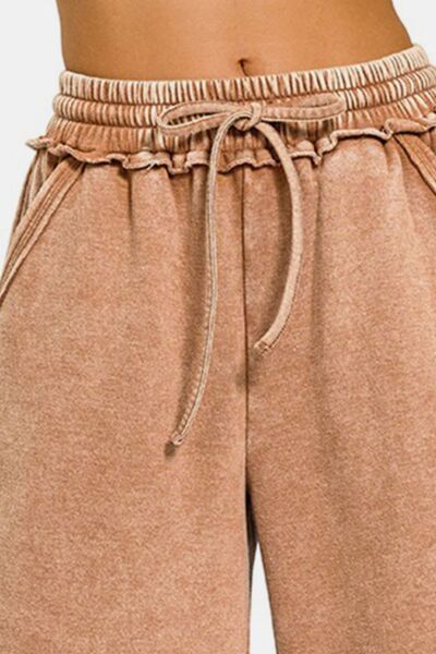 Zenana Acid Wash Fleece Wide Leg Pants Trendsi