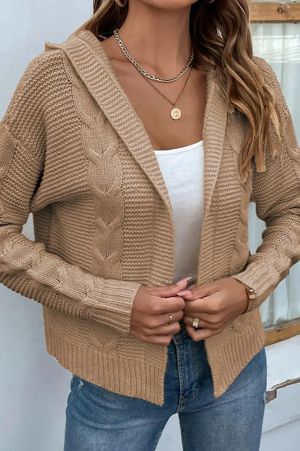 Cable-Knit Dropped Shoulder Hooded Cardigan - The Magnolia Cottage Boutique
