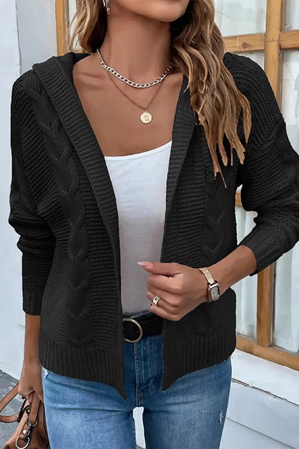 Cable-Knit Dropped Shoulder Hooded Cardigan - The Magnolia Cottage Boutique