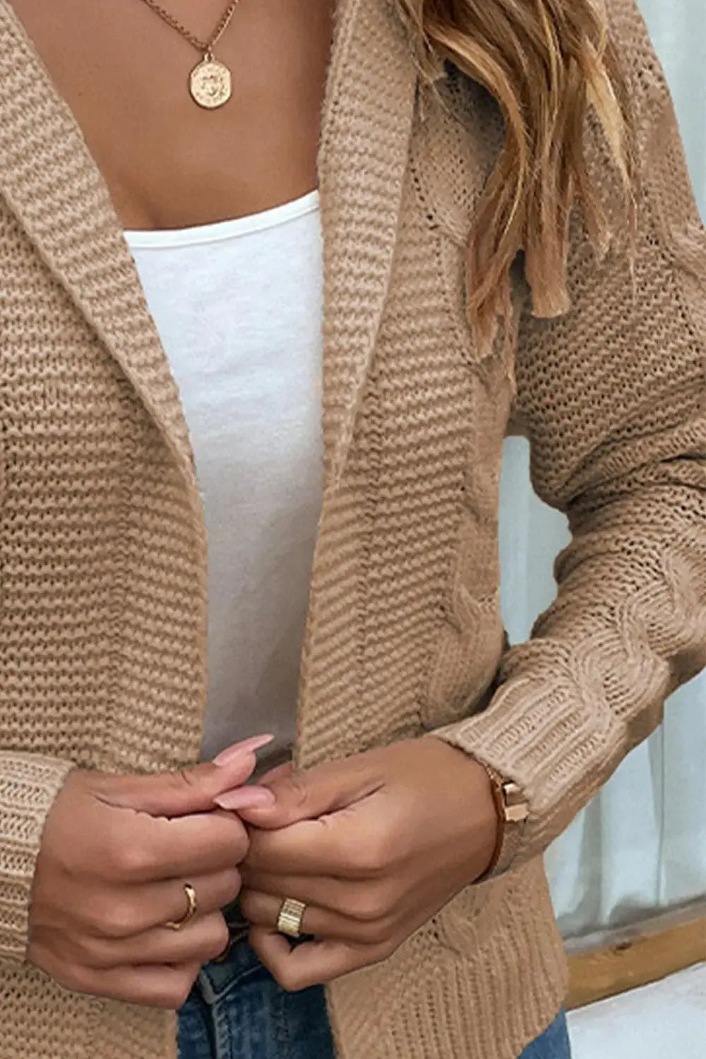 Cable-Knit Dropped Shoulder Hooded Cardigan - The Magnolia Cottage Boutique
