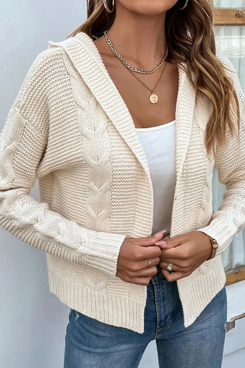 Cable-Knit Dropped Shoulder Hooded Cardigan - The Magnolia Cottage Boutique