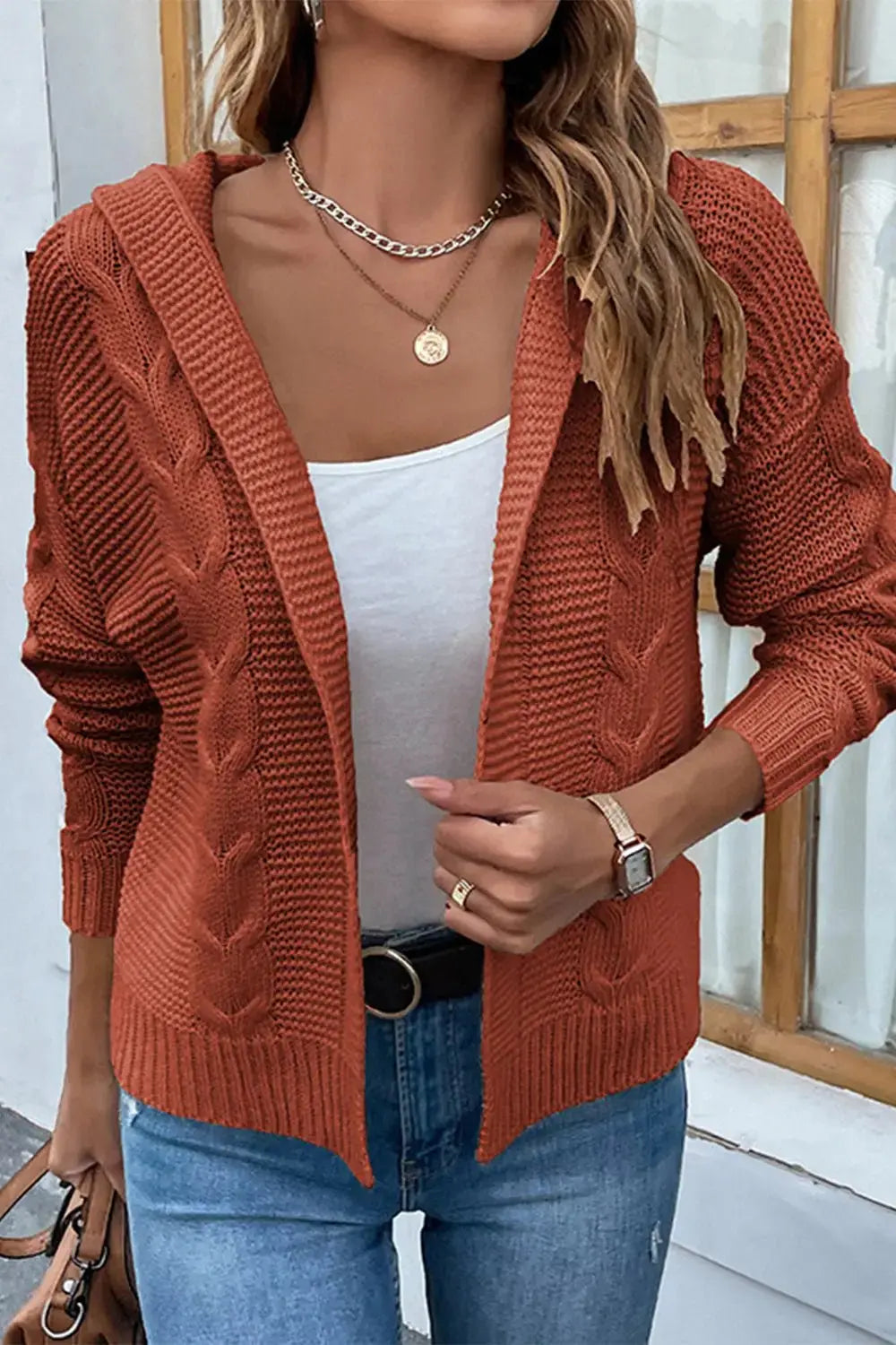 Cable-Knit Dropped Shoulder Hooded Cardigan - The Magnolia Cottage Boutique