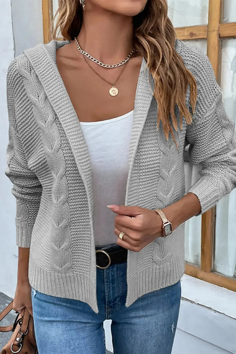 Cable-Knit Dropped Shoulder Hooded Cardigan - The Magnolia Cottage Boutique