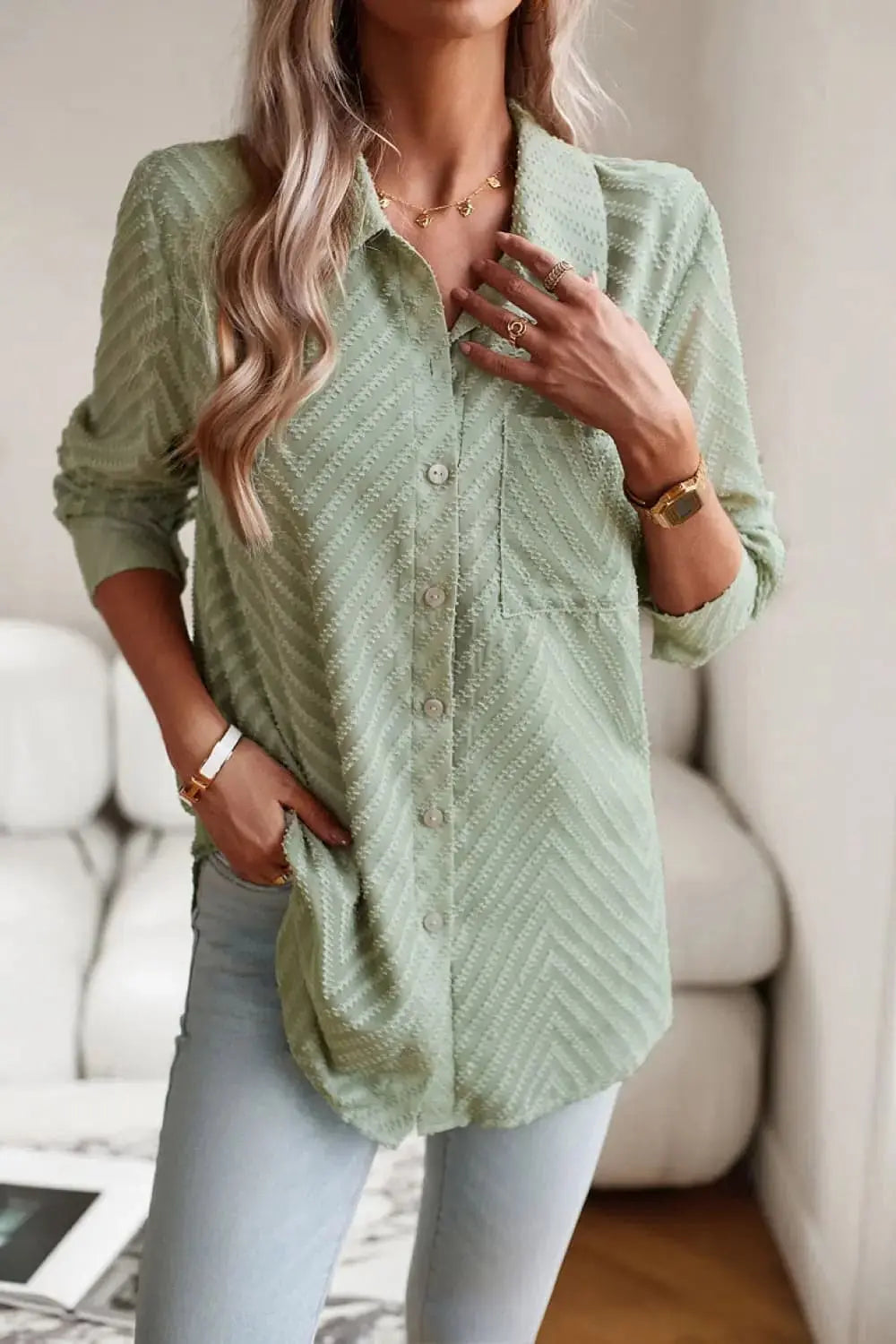 Collared Neck Long Sleeve Pocketed Shirt - The Magnolia Cottage Boutique