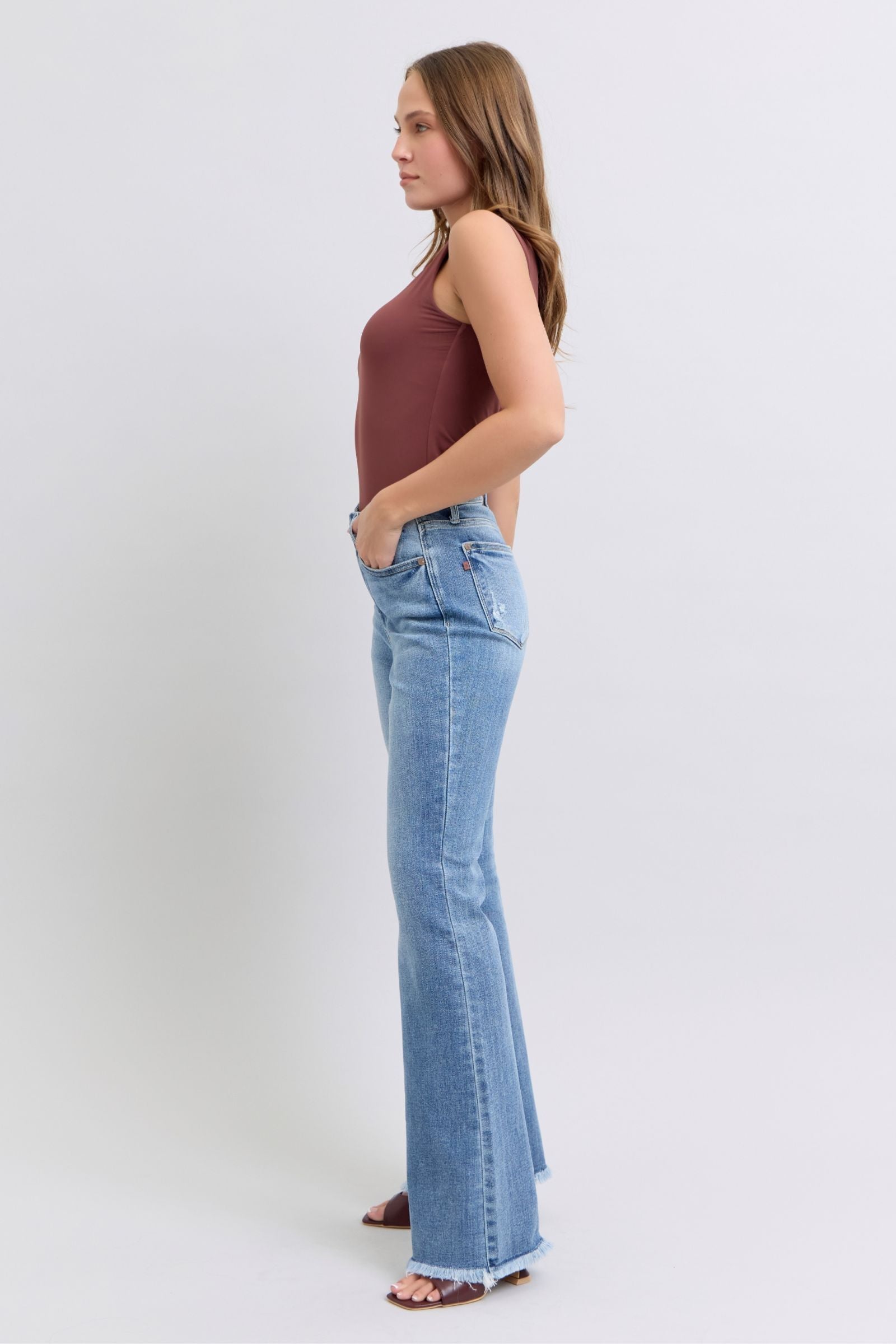 Judy Blue Full Size Raw Hem High Rise Bootcut Jeans Trendsi