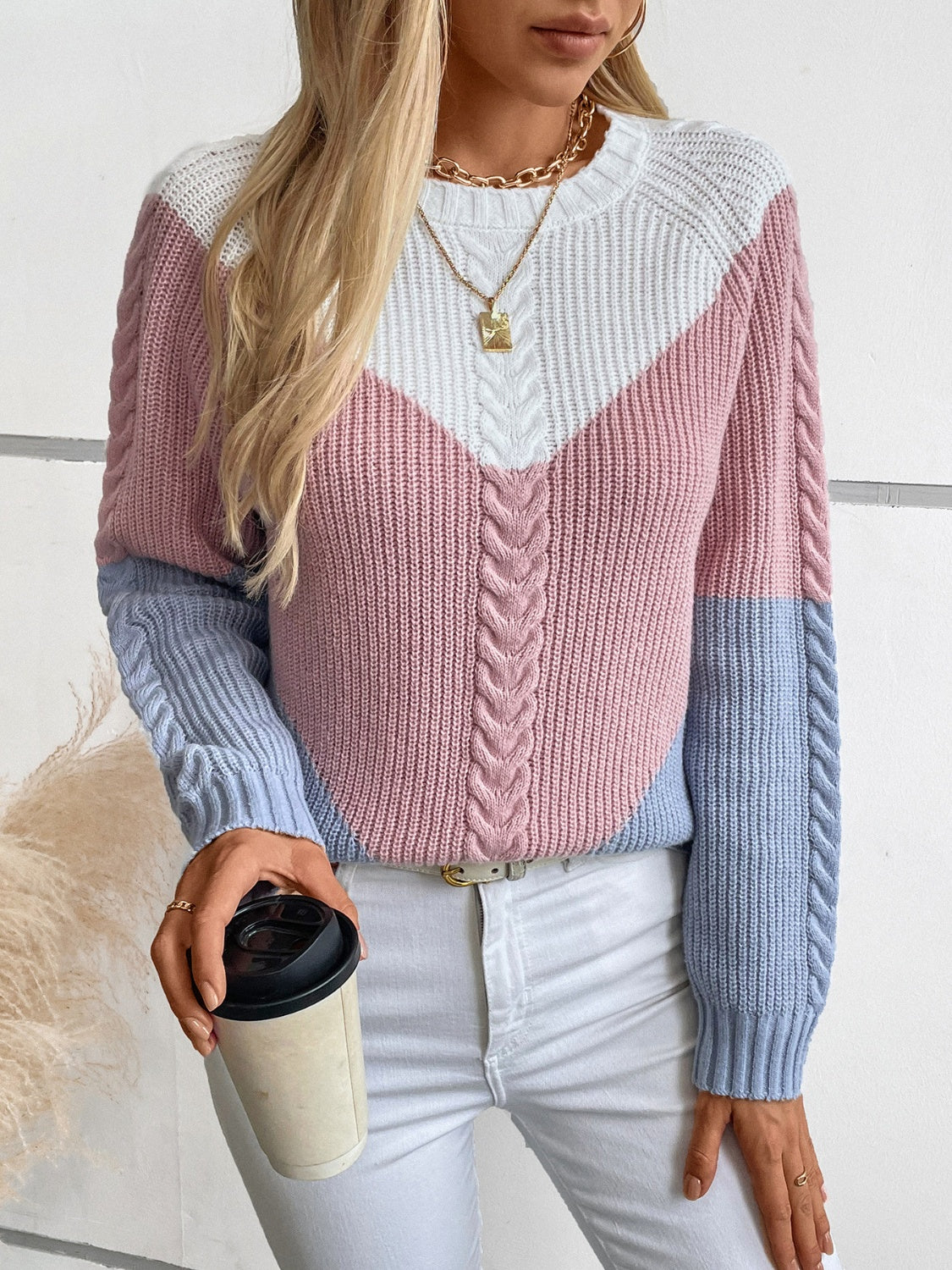 Color Block Round Neck Long Sleeve Sweater Trendsi