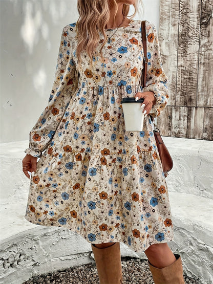 Ruffled Printed Round Neck Long Sleeve Dress Trendsi