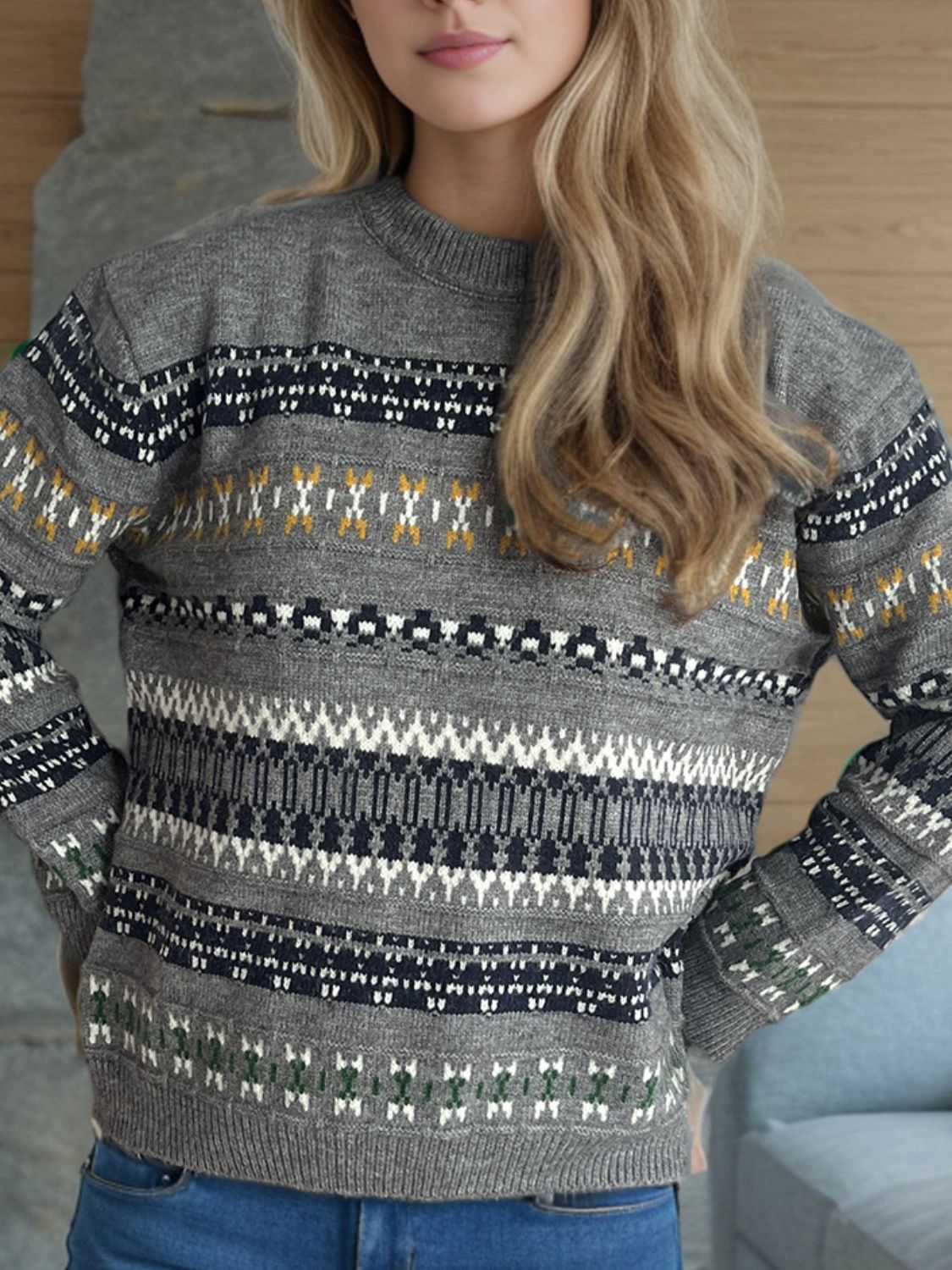 Geometric Round Neck Long Sleeve Sweater Trendsi