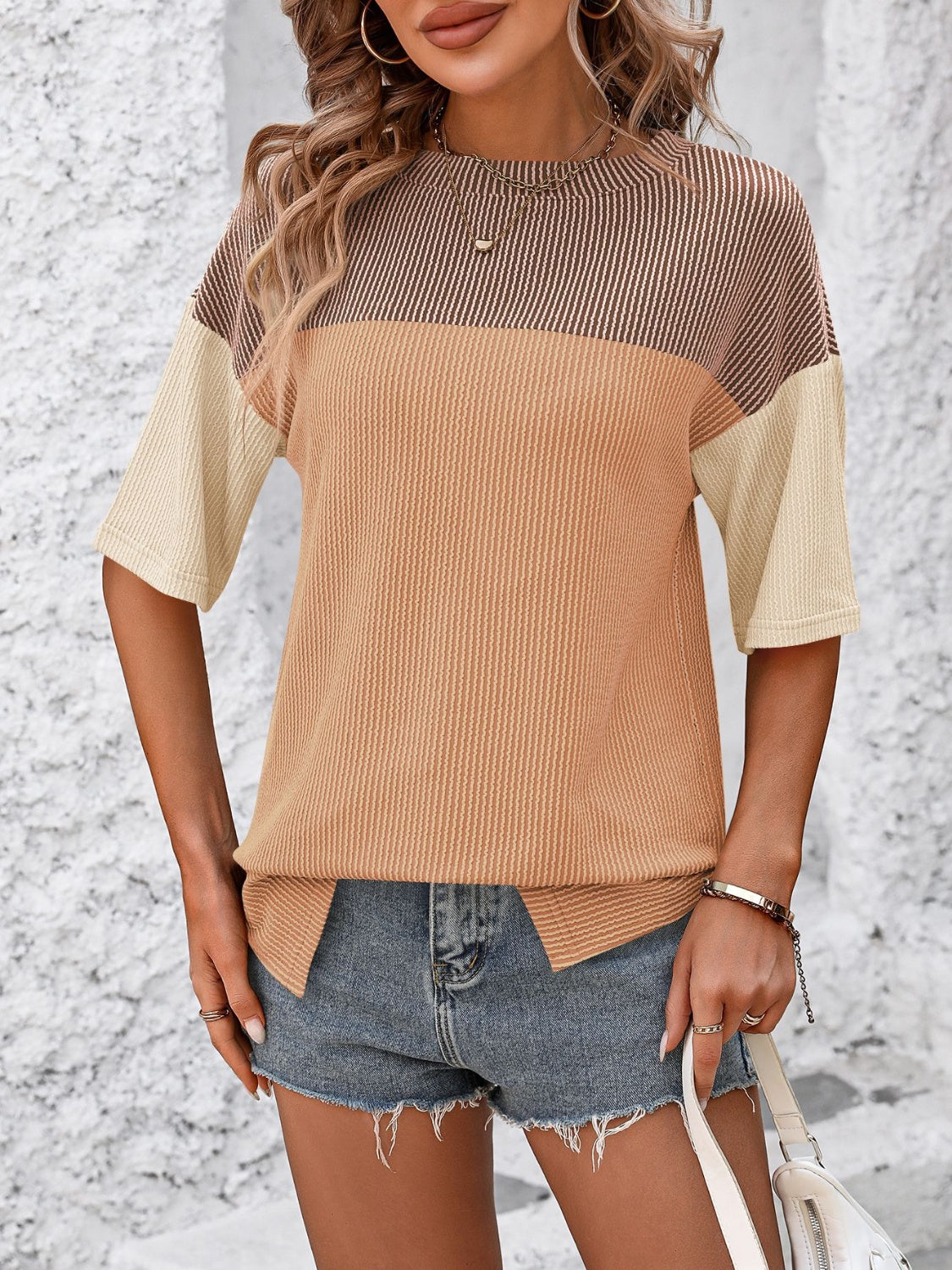 Color Block Round Neck Half Sleeve T-Shirt Trendsi