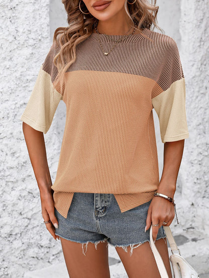 Color Block Round Neck Half Sleeve T-Shirt Trendsi