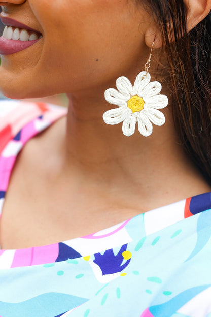 Ivory Daisy Flower Straw  Dangle Earrings