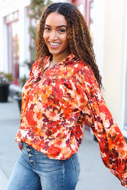 Fall Vibes Rust Floral Print Notched Neck Smocked Satin Top