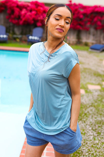 Charming in Aqua Asymmetrical Shirred Drop Shoulder Modal Top