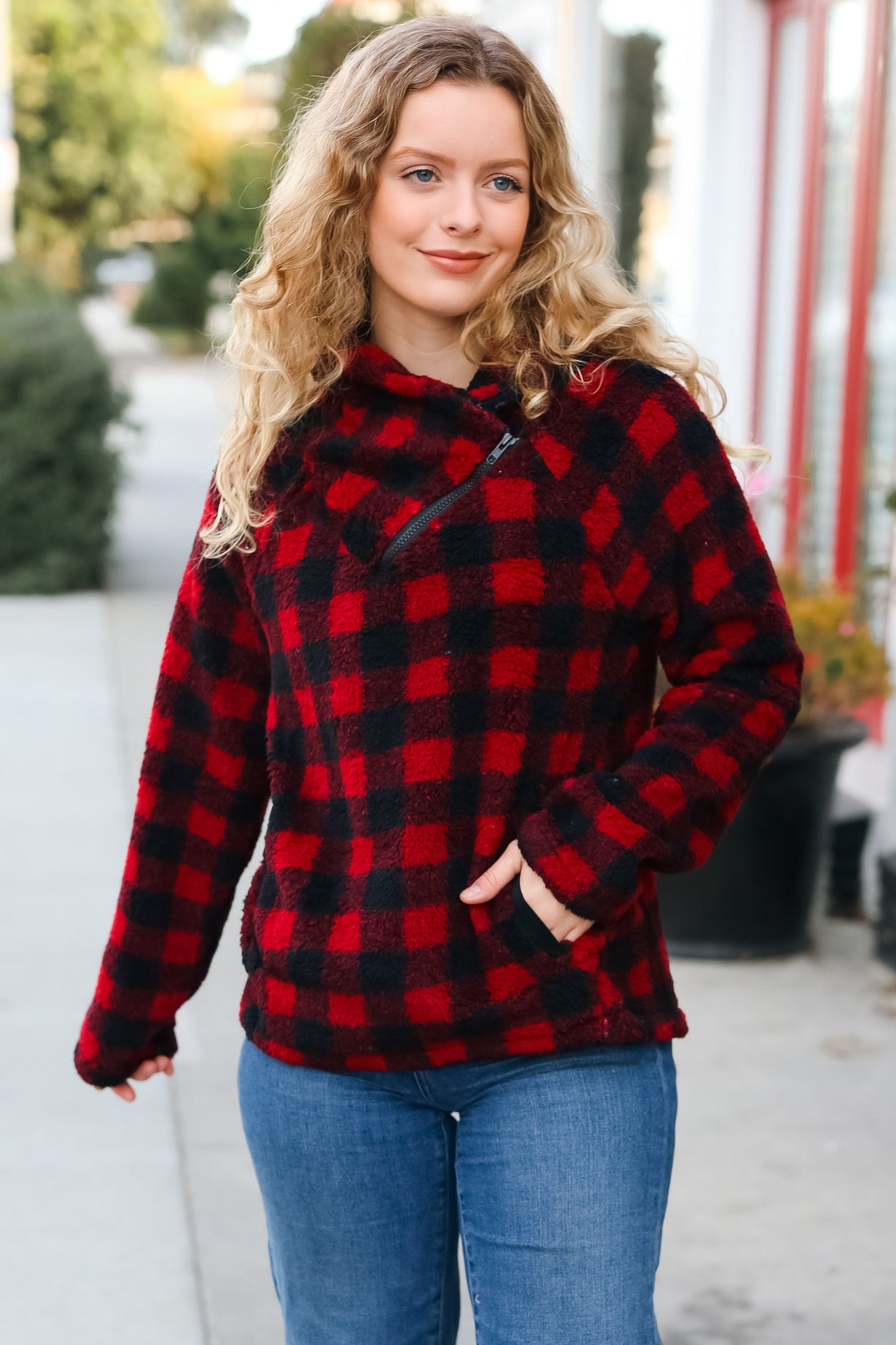 Cozy Red Sherpa Plaid Asymmetrical Zip Sweater Top