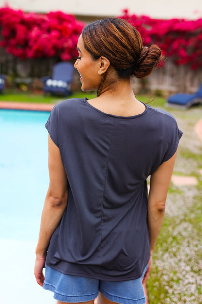 Charming In Charcoal Asymmetrical Shirred Drop Shoulder Modal Top