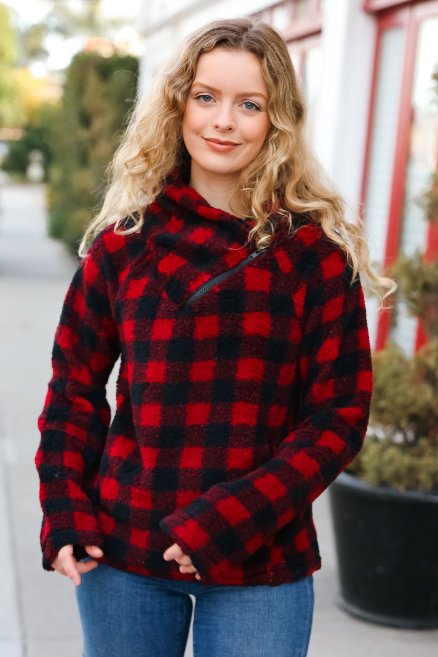 Cozy Red Sherpa Plaid Asymmetrical Zip Sweater Top