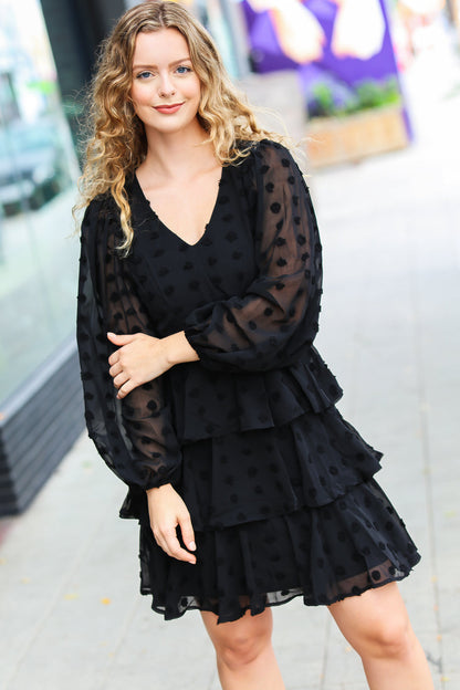 Holiday Vixen Black Chiffon Swiss Dot V Neck Tiered Ruffle Dress