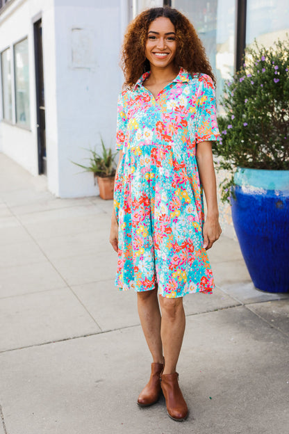 Sunny Days Mint Floral Print Notched Collar Frock Dress