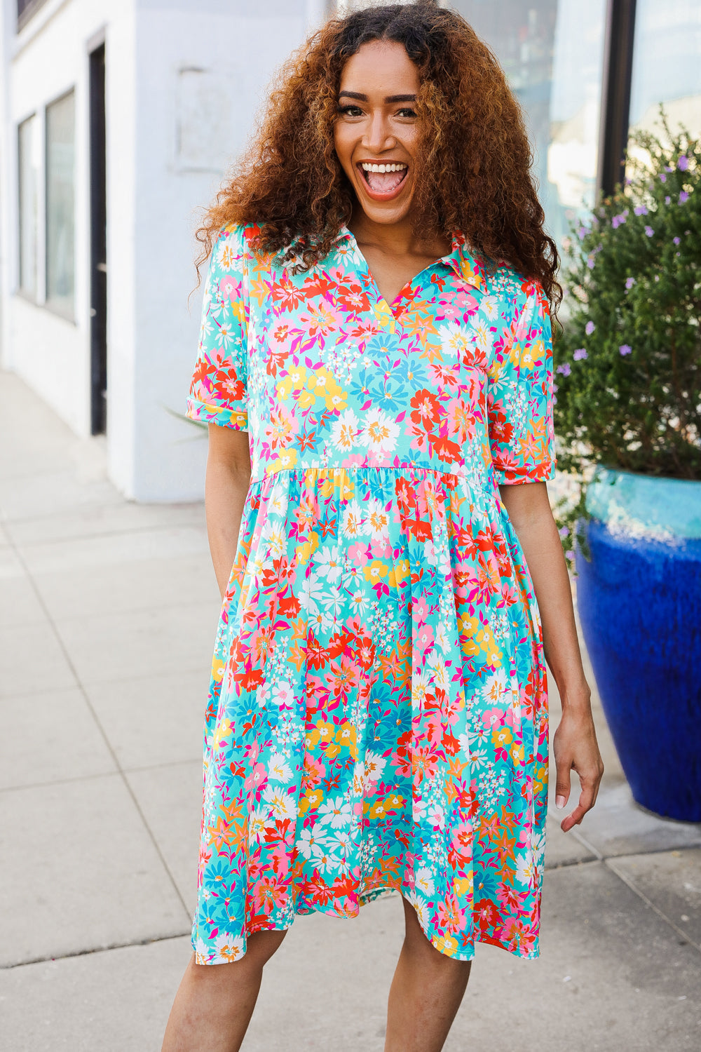 Sunny Days Mint Floral Print Notched Collar Frock Dress