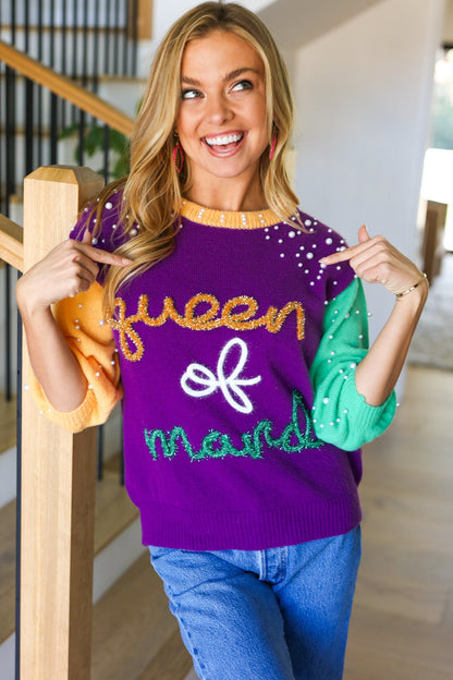 Queen of Mardi Pearl & Tinsel Color Block Knit Top