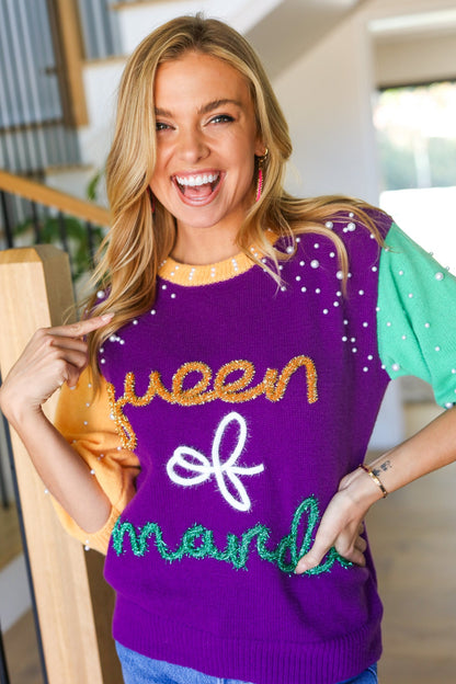 Queen of Mardi Pearl & Tinsel Color Block Knit Top