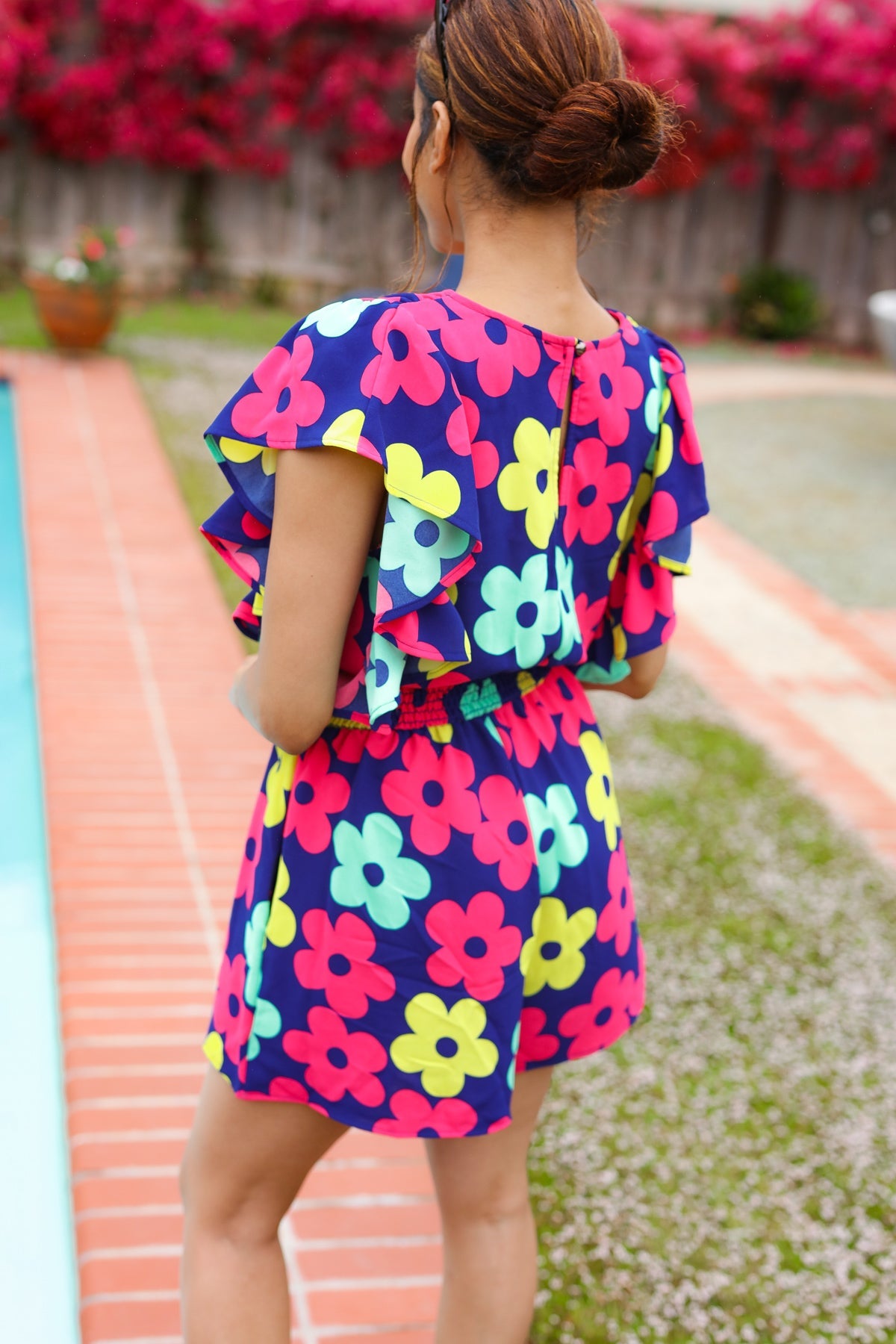 Feeling Bold Navy & Fuchsia Flat Floral Smocked Waist Flutter Sleeve Romper