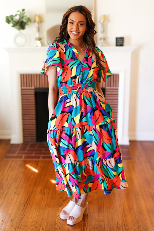 Haptics Be Bold Multicolor Abstract Tropical Print Smocked Waist Maxi Dress