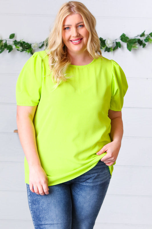 Neon Green Round Neck Puff Sleeve Crepe Top