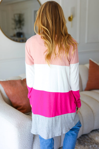 Face The Day Blush Wide Stripe Hacci Colorblock Cardigan Sweater - The Magnolia Cottage Boutique