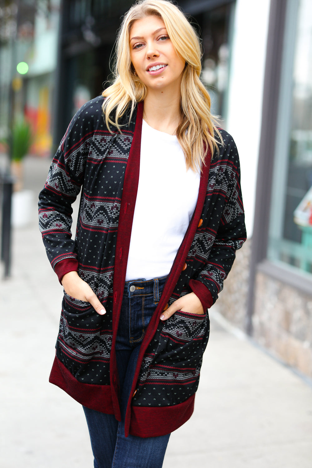 All Class Burgundy Holiday Print Button Cardigan - The Magnolia Cottage Boutique
