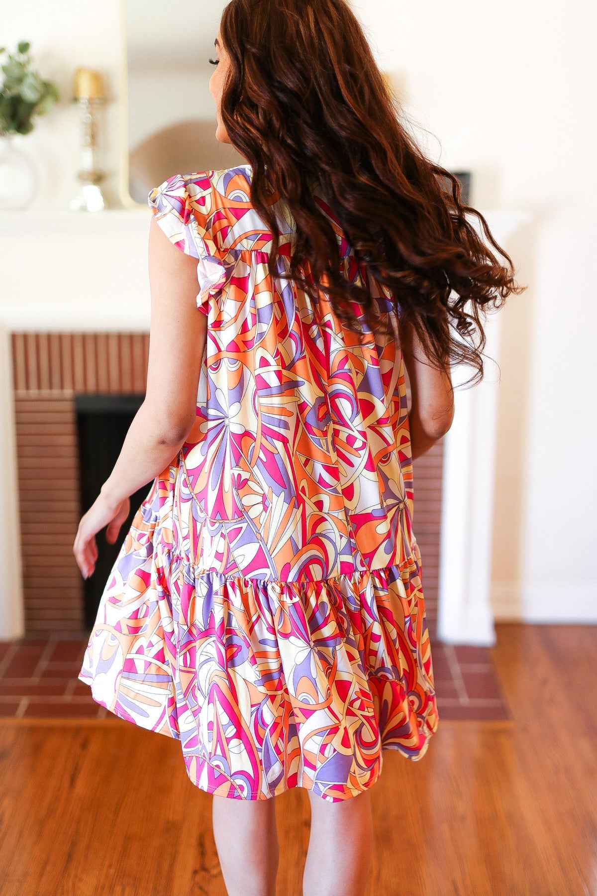 Multicolor Geometric Midi Flutter Sleeve Dress (Copy)