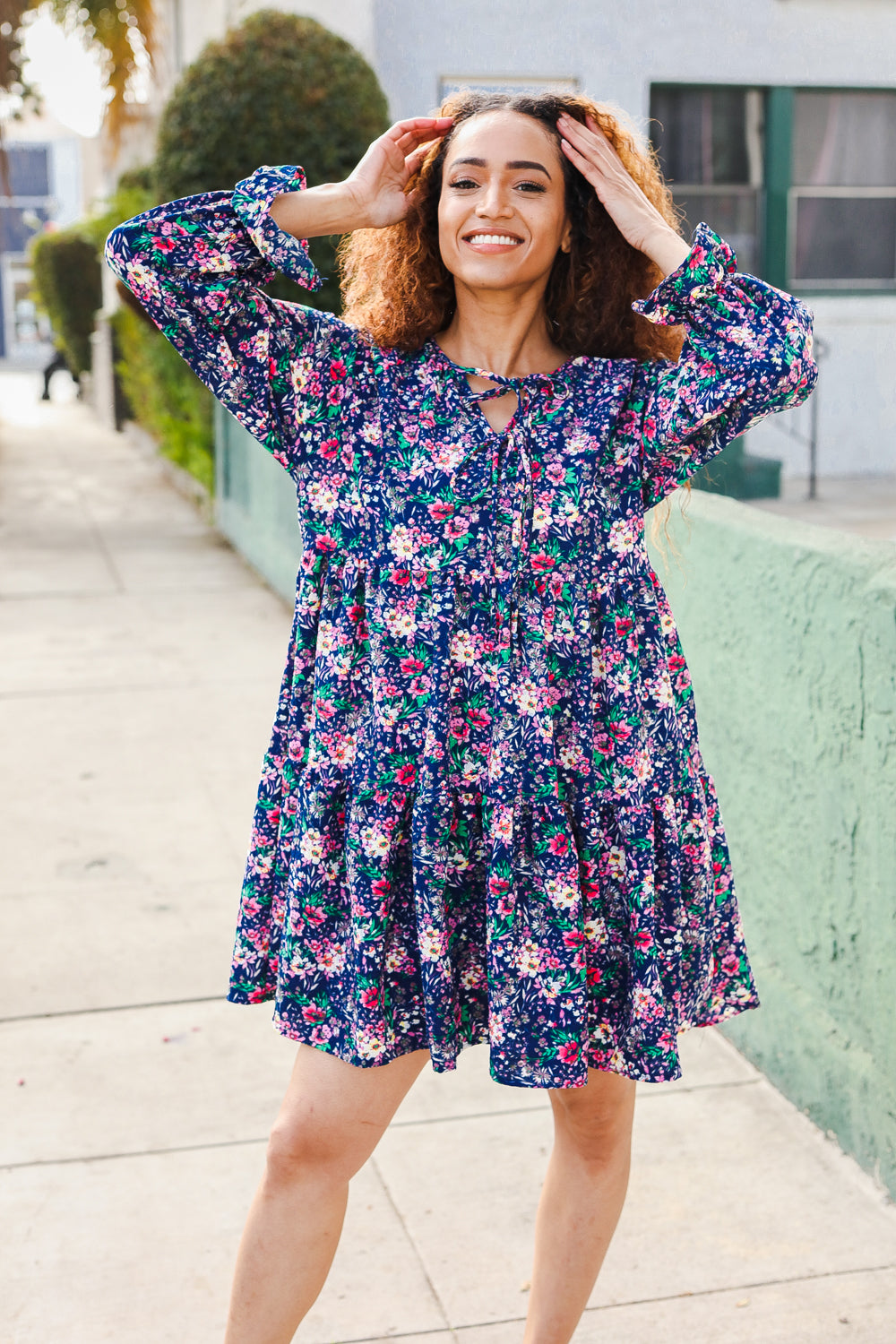 Feeling Joyful Navy Floral Bow Tie Babydoll Long Ruffle Sleeve Dress