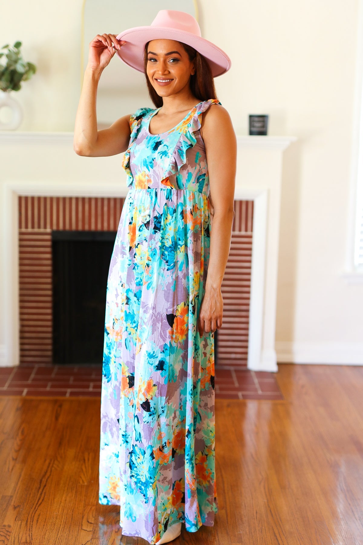 Beeson River Feeling Elegant Seafoam Floral Print Ruffle Maxi Dress