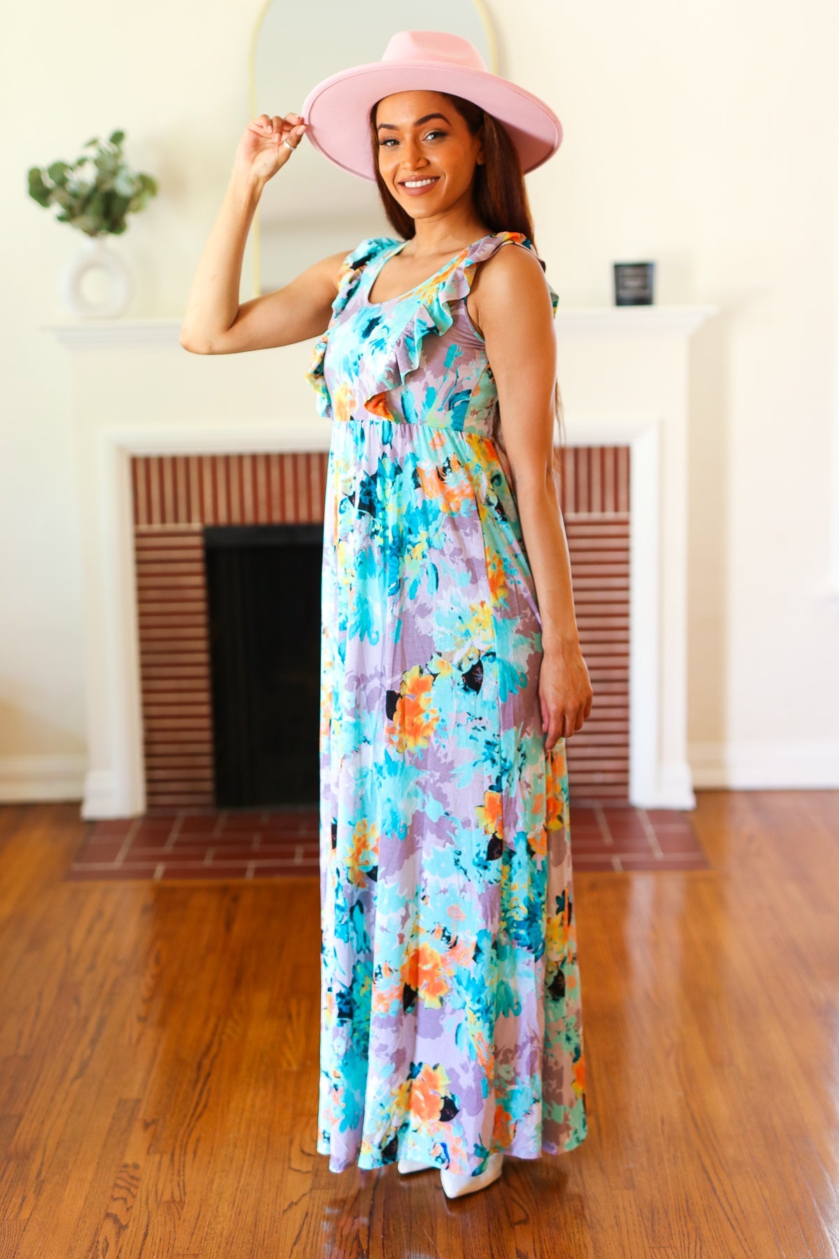 Beeson River Feeling Elegant Seafoam Floral Print Ruffle Maxi Dress