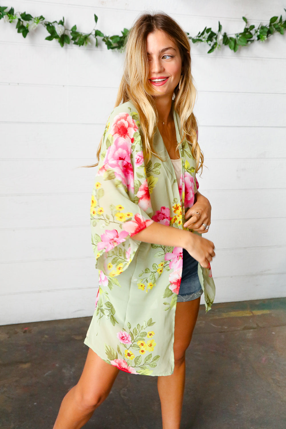 Sage Floral Print Chiffon Cover Up Kimono Haptics