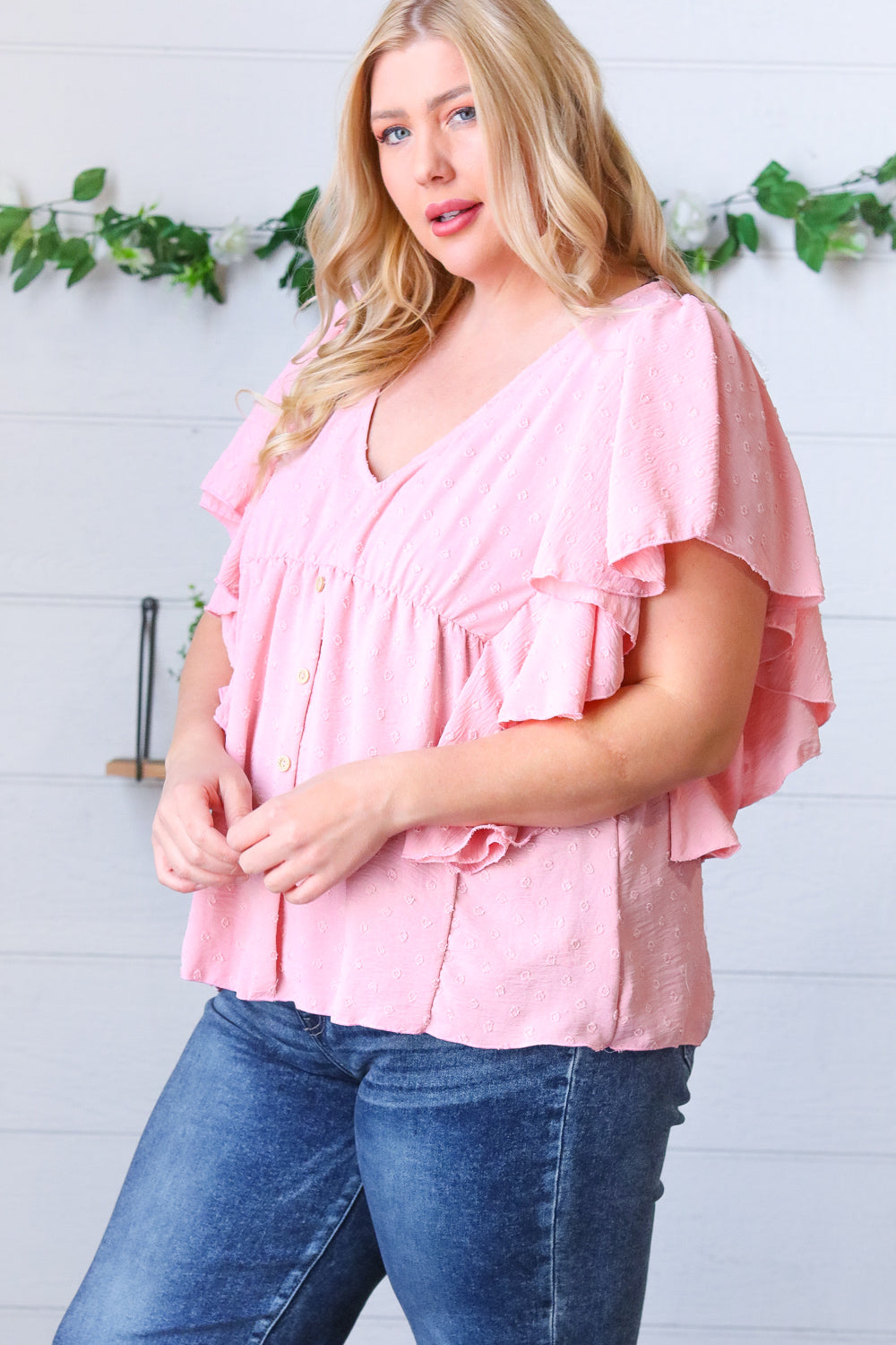 Soft Pink Swiss Dot Ruffle Woven Top