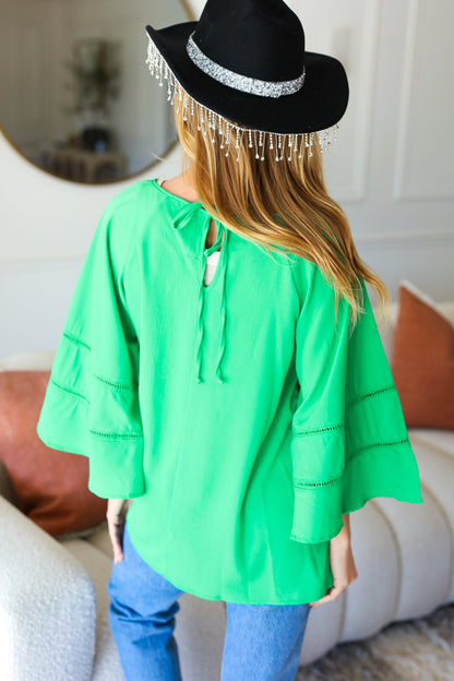 Haptics Joyful Green Crepe Back Tie Strap Crochet Bell Sleeve Blouse Top