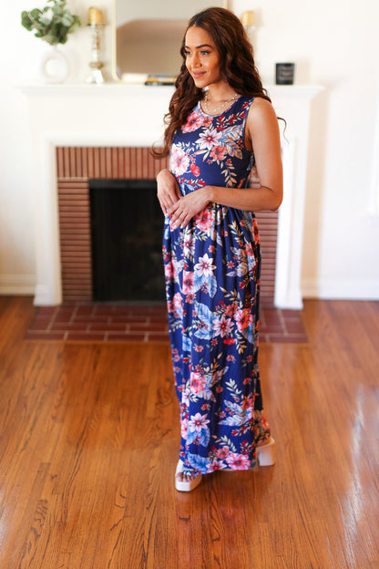 Navy Floral Fit and Flare Sleeveless Maxi Dress (Copy)